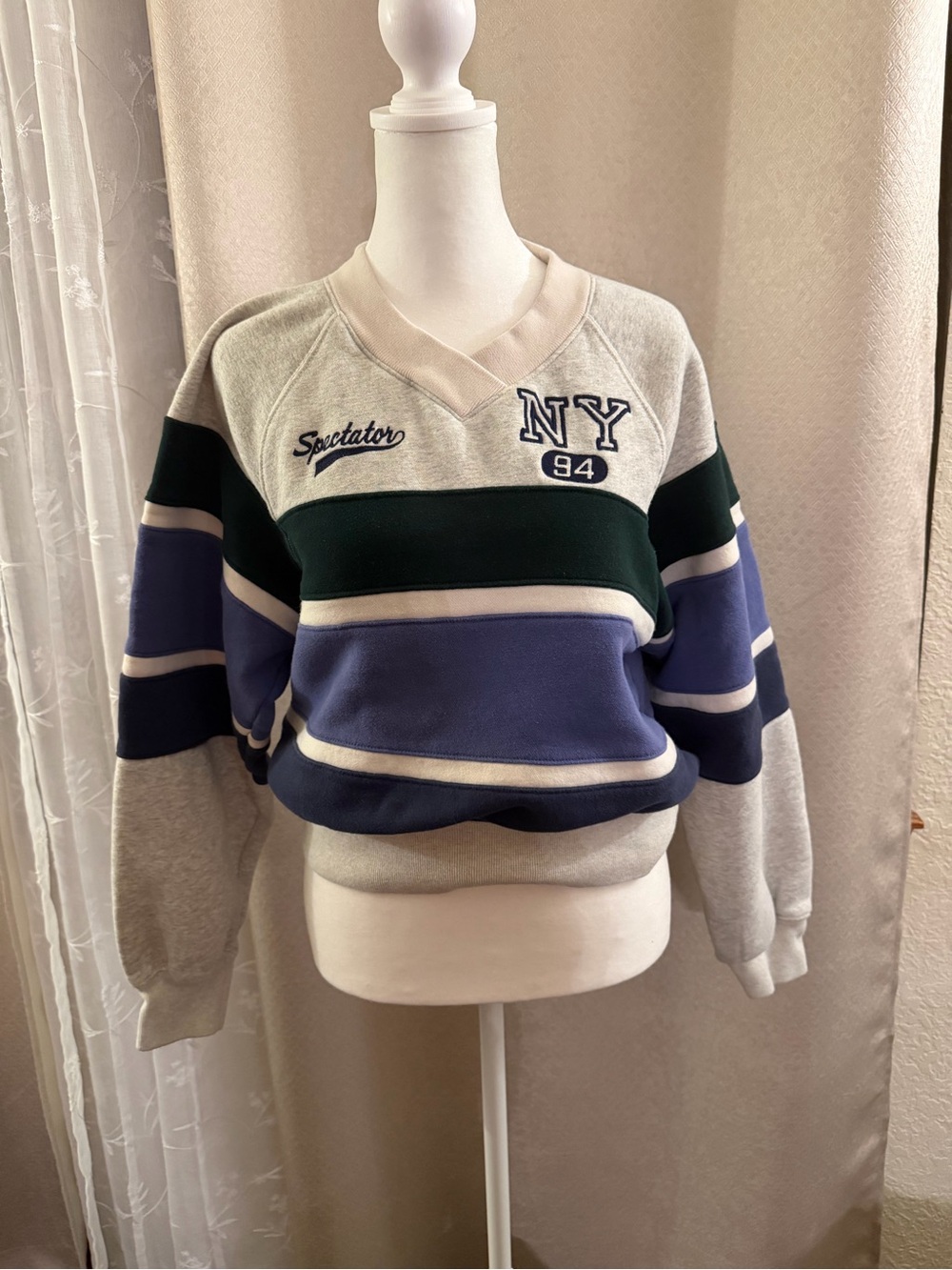 Abercrombie & Fitch Striped V‑Neck Sweater - Cream, Green & Blue